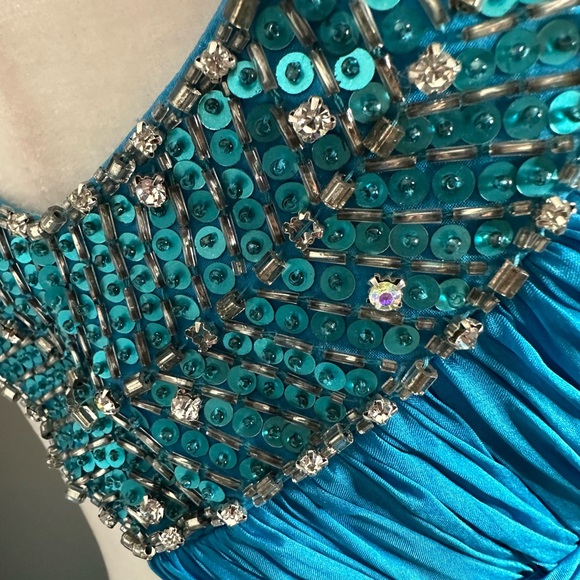 Jovani Silk Turquoise & Silver Beaded Prom Pageant Dress - Picture 3 of 7